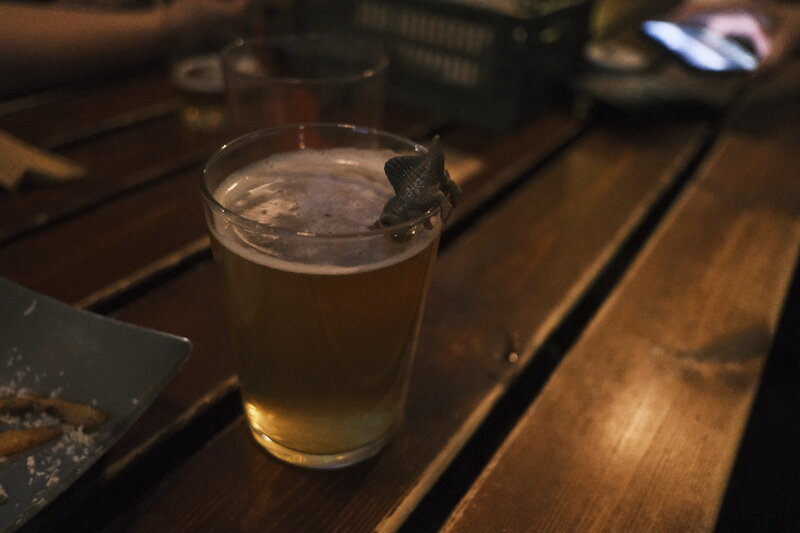 A pint of pale beer on a dark wooden table with a small toy lizard perched on the rim of the glass